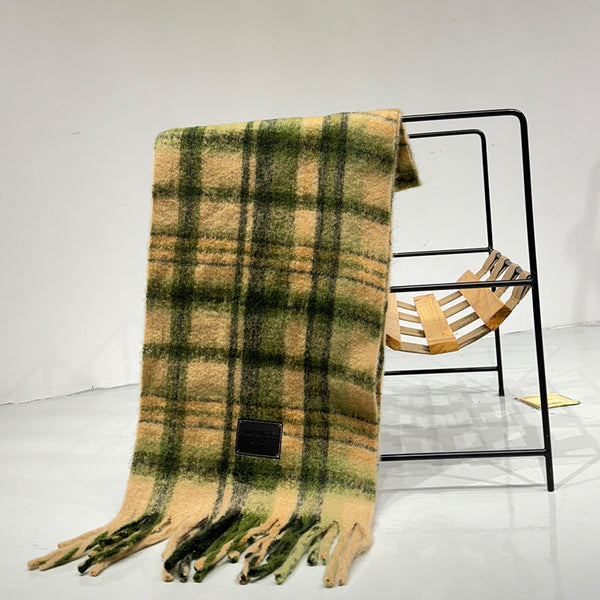 Yellow Green Plaid Color Block Women's Scarf Autumn/Winter Thick Warm Neck Wrap With Tassels Scarves & Wraps