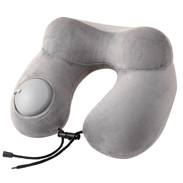 Grey Press To Inflate Travel Neck Pillow Ergonomic U Shaped Cushion For Airplane And Car Pillows