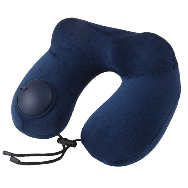 Navy Blue Press To Inflate Travel Neck Pillow Ergonomic U Shaped Cushion For Airplane And Car Pillows