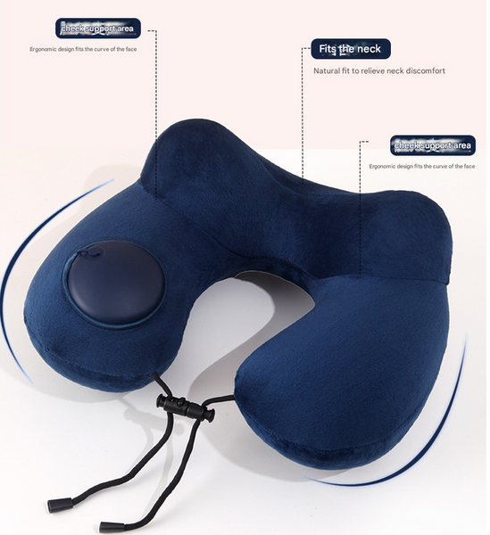 Navy Blue Press To Inflate Travel Neck Pillow Ergonomic U Shaped Cushion For Airplane And Car Pillows