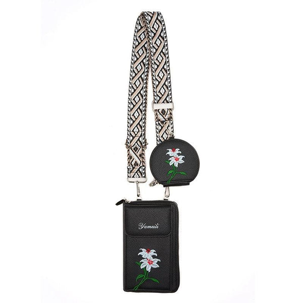 Black Chic Floral Embroidered 2 In 1 Crossbody Phone Bag With Coin Purse Other Mobile Accessories
