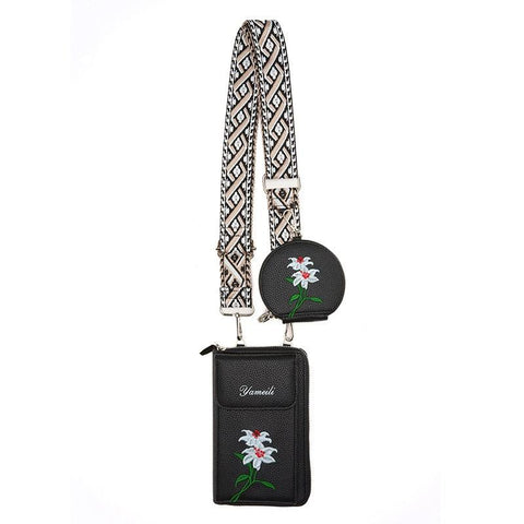 Black Chic Floral Embroidered 2 In 1 Crossbody Phone Bag With Coin Purse Other Mobile Accessories