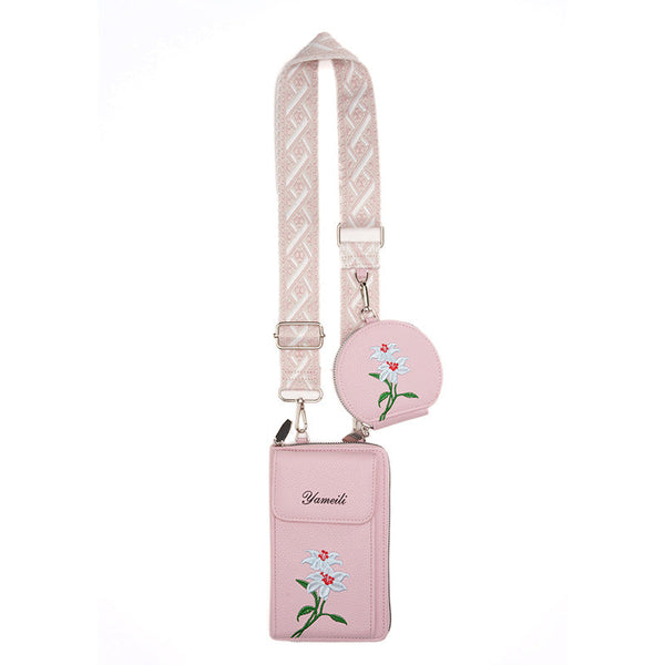Pink Chic Floral Embroidered 2 In 1 Crossbody Phone Bag With Coin Purse Other Mobile Accessories