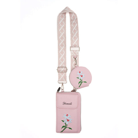 Pink Chic Floral Embroidered 2 In 1 Crossbody Phone Bag With Coin Purse Other Mobile Accessories
