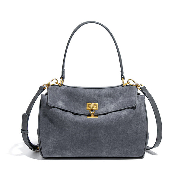 Grey Women's Suede Satchel Bag Elegant Top Handle Purse With Gold Lock Women's Bags & Handbags