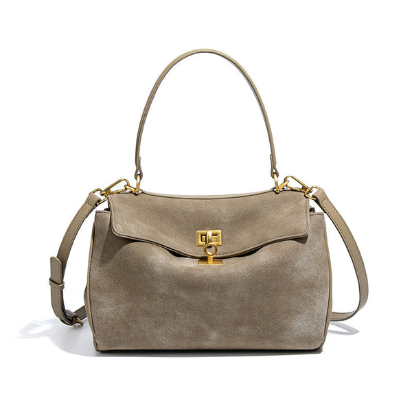 Beige Women's Vintage Suede Satchel Bag Elegant Top Handle Purse With Gold Lock Women's Bags & Handbags