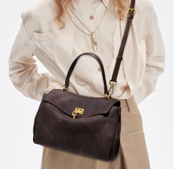 Beige Women's Vintage Suede Satchel Bag Elegant Top Handle Purse With Gold Lock Women's Bags & Handbags