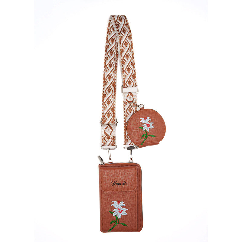 Brown Chic Floral Embroidered 2 In 1 Crossbody Phone Bag With Coin Purse Other Mobile Accessories