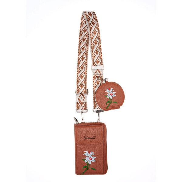 Brown Chic Floral Embroidered 2 In 1 Crossbody Phone Bag With Coin Purse Other Mobile Accessories