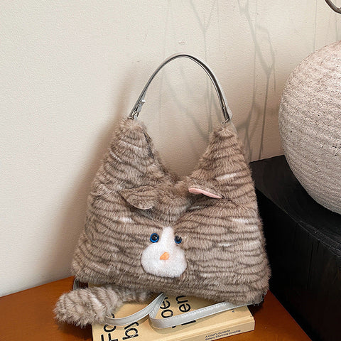Grey Adorable Fluffy Cat Shoulder Bag Cute Plush Kitten Novelty Handbag For Girls & Women Women's Bags & Handbags