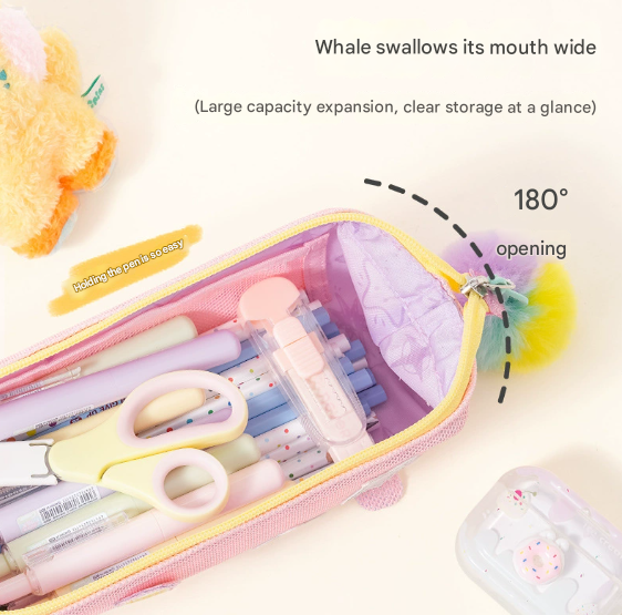 Pink Cute Cat Pencil Case For Girls Large Capacity Sparkly Stationery Pouch With Fluffy Pom Pencil Cases