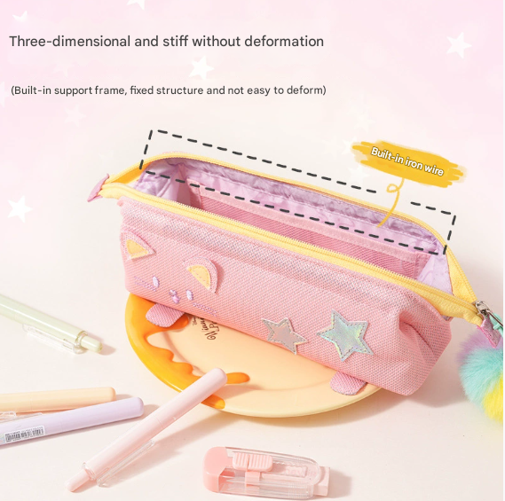 Pink Cute Cat Pencil Case For Girls Large Capacity Sparkly Stationery Pouch With Fluffy Pom Pencil Cases