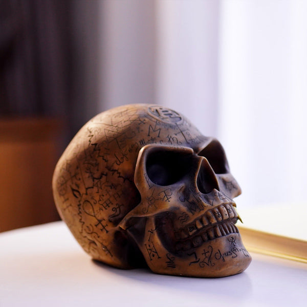 Mystic Runic Skull Statue With Gold Fang Hand Painted Resin Figurine For Gothic & Halloween Decor Sculptures & Figurines