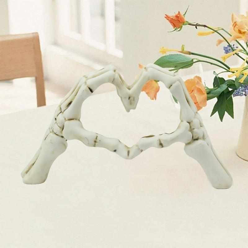 White Gothic Skeleton Hands Heart Sculpture Macabre Love Figurine For Home & Halloween Decor Seasonal Decorations
