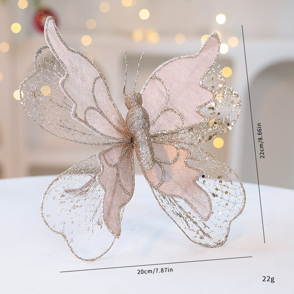 Champagne Gold Large Glitter Butterfly Christmas Ornaments (Set Of 2) Clip On Decorations For Trees & Wreaths Seasonal Decorations