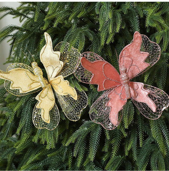 Champagne Gold Large Glitter Butterfly Christmas Ornaments (Set Of 2) Clip On Decorations For Trees & Wreaths Seasonal Decorations