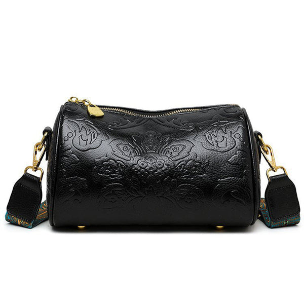 Black Embossed Crossbody Barrel Bag With Wide Guitar Strap Women's Bags & Handbags