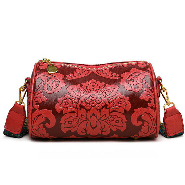 Red Embossed Crossbody Barrel Bag With Wide Guitar Strap Women's Bags & Handbags