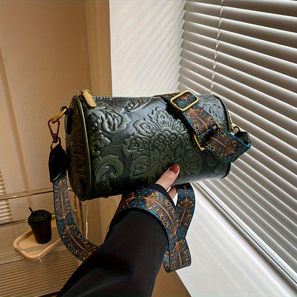 Green Embossed Crossbody Barrel Bag With Wide Guitar Strap Women's Bags & Handbags