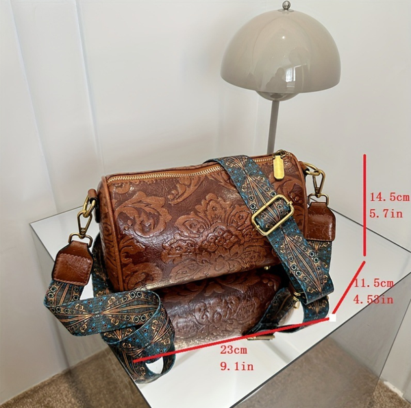 Dark Purple Embossed Crossbody Barrel Bag With Wide Guitar Strap Women's Bags & Handbags