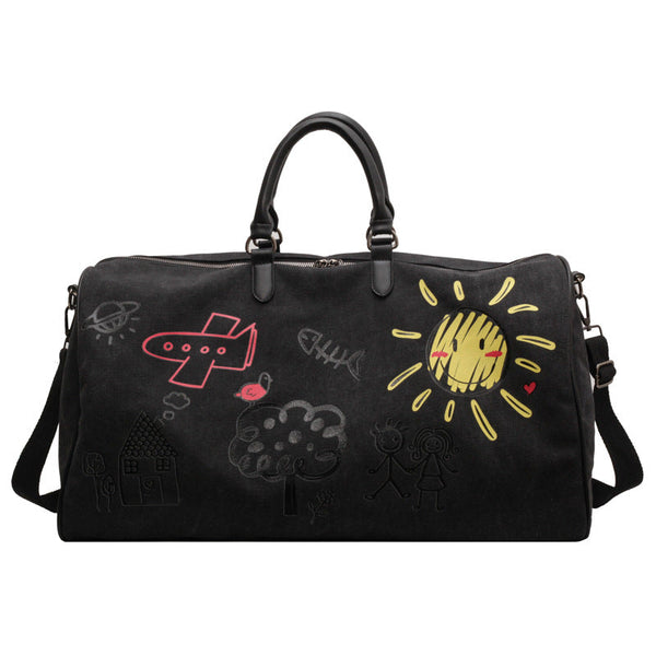 Black Large Capacity Graffiti Travel Duffel Bag Canvas Weekender With Wet/Dry Pocket & Shoe Compartment Duffle Bags