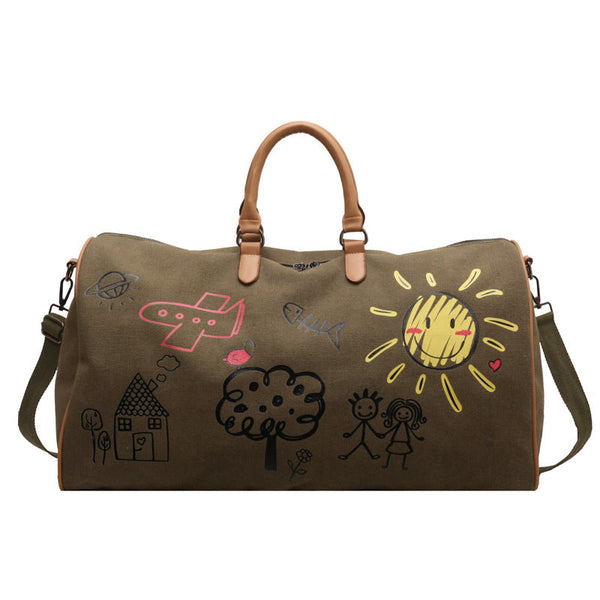 Green Coffee Large Capacity Graffiti Travel Duffel Bag Canvas Weekender With Wet/Dry Pocket & Shoe Compartment Duffle Bags