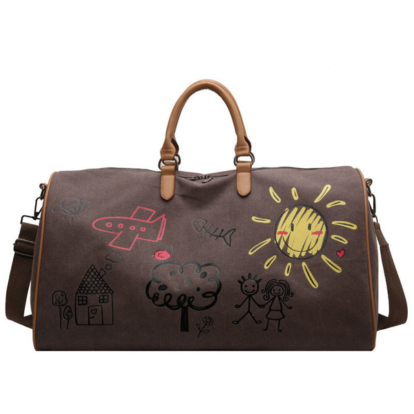 Coffee Brown Large Capacity Graffiti Travel Duffel Bag Canvas Weekender With Wet/Dry Pocket & Shoe Compartment Duffle Bags