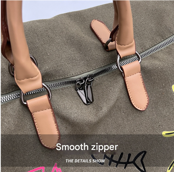 Coffee Brown Large Capacity Graffiti Travel Duffel Bag Canvas Weekender With Wet/Dry Pocket & Shoe Compartment Duffle Bags