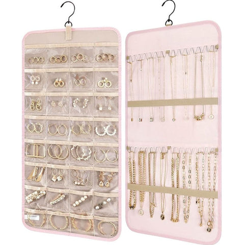 Pink Hanging Jewelry Organizer Closet Storage For Necklaces Earrings And Rings With Clear Pockets(14*33Inch) Jewellery Holders & Organisers