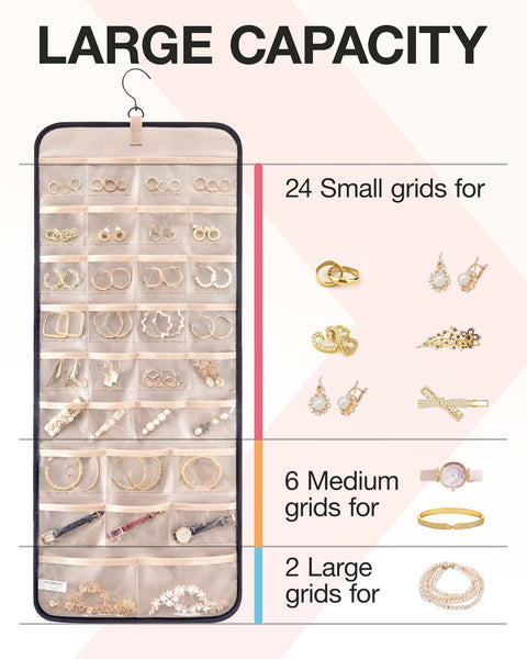 Pink Hanging Jewelry Organizer Closet Storage For Necklaces Earrings And Rings With Clear Pockets(14*33Inch) Jewellery Holders & Organisers