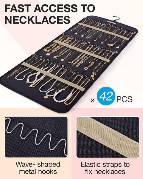 Pink Hanging Jewelry Organizer Closet Storage For Necklaces Earrings And Rings With Clear Pockets(14*33Inch) Jewellery Holders & Organisers