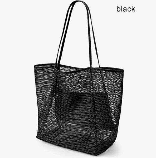 Black Large Mesh Beach Tote Bag Lightweight & Foldable Shoulder With Secure Zipper Pocket Women's Bags & Handbags