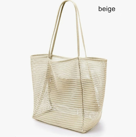 Beige Large Mesh Beach Tote Bag Lightweight & Foldable Shoulder With Secure Zipper Pocket Women's Bags & Handbags