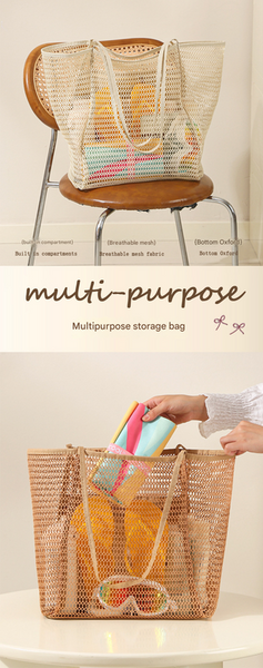 Beige Large Mesh Beach Tote Bag Lightweight & Foldable Shoulder With Secure Zipper Pocket Women's Bags & Handbags