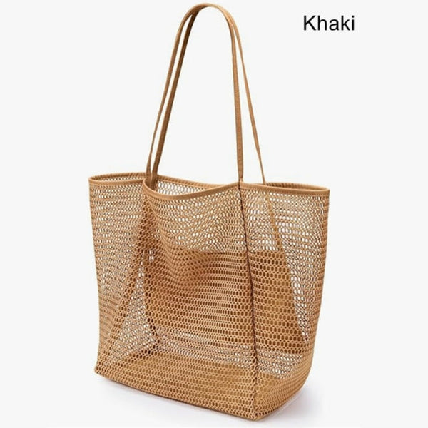 Khaki Large Mesh Beach Tote Bag Lightweight & Foldable Shoulder With Secure Zipper Pocket Women's Bags & Handbags
