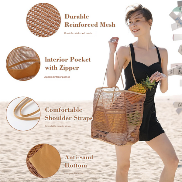 Khaki Large Mesh Beach Tote Bag Lightweight & Foldable Shoulder With Secure Zipper Pocket Women's Bags & Handbags