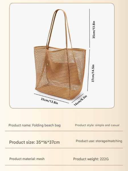 Khaki Large Mesh Beach Tote Bag Lightweight & Foldable Shoulder With Secure Zipper Pocket Women's Bags & Handbags