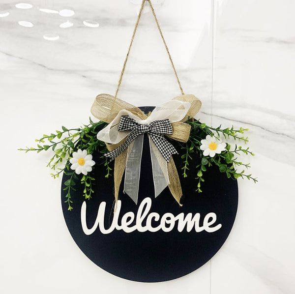 Dark Blue Rustic 'Hello' Welcome Sign Farmhouse Round Wooden Wreath For Front Door Decor Plaques & Signs