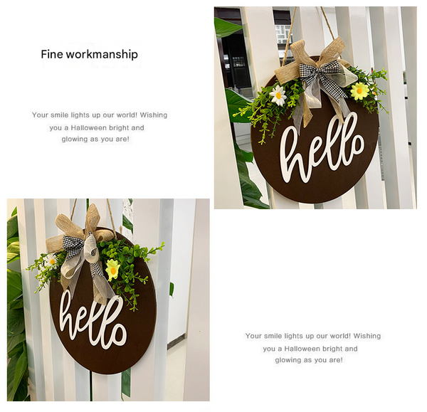 Dark Blue Rustic 'Hello' Welcome Sign Farmhouse Round Wooden Wreath For Front Door Decor Plaques & Signs