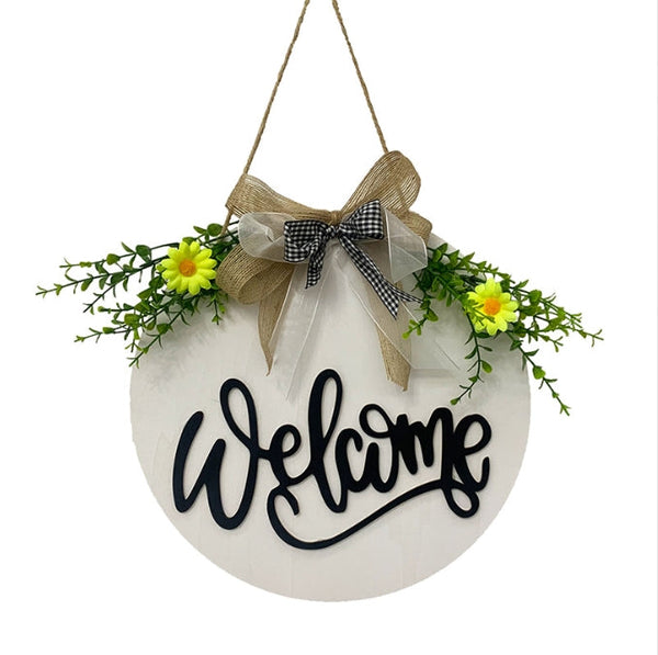 White Rustic 'Hello' Welcome Sign Farmhouse Round Wooden Wreath For Front Door Decor Plaques & Signs