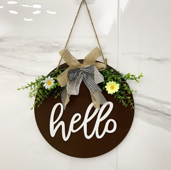 Brown Rustic 'Hello' Welcome Sign Farmhouse Round Wooden Wreath For Front Door Decor Plaques & Signs