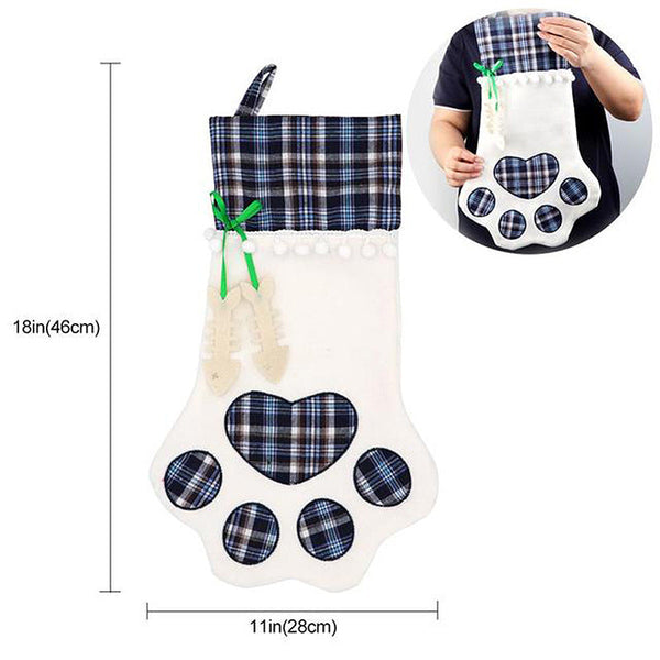 Blue Large Plaid Dog Paw Christmas Stocking Festive Fireplace Decor For Pet Lovers Seasonal Decorations