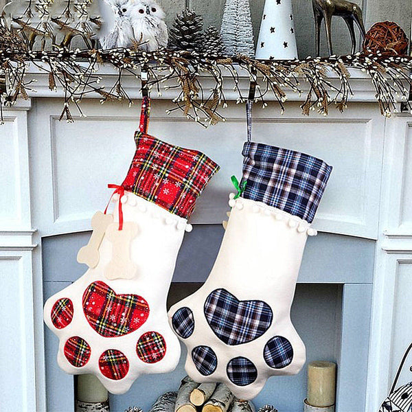 Blue Large Plaid Dog Paw Christmas Stocking Festive Fireplace Decor For Pet Lovers Seasonal Decorations