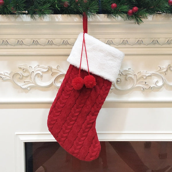 Red Large Cable Knit Christmas Stocking Classic 43Cm Holiday Decor For Fireplace Hanging Seasonal Decorations