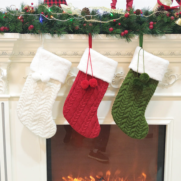 Green Large Cable Knit Christmas Stocking Classic 43Cm Holiday Decor For Fireplace Hanging Seasonal Decorations
