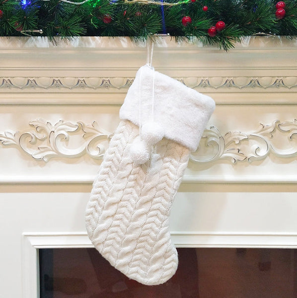 White Large Cable Knit Christmas Stocking Classic 43Cm Holiday Decor For Fireplace Hanging Seasonal Decorations