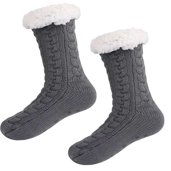 Grey Women's Fuzzy Slipper Socks Warm Fleece Lined Thermal Cable Knit With Non Grips Womens Socks