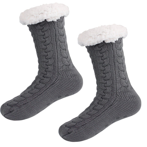 Grey Women's Fuzzy Slipper Socks Warm Fleece Lined Thermal Cable Knit With Non Grips Womens Socks
