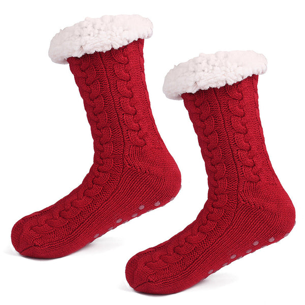 Red Women's Fuzzy Slipper Socks Warm Fleece Lined Thermal Cable Knit With Non Grips Womens Socks