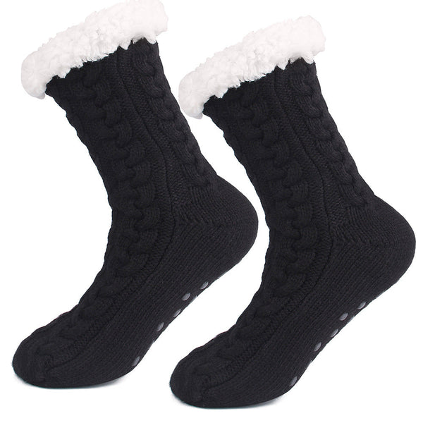 Black Women's Fuzzy Slipper Socks Warm Fleece Lined Thermal Cable Knit With Non Slip Grips Womens Socks